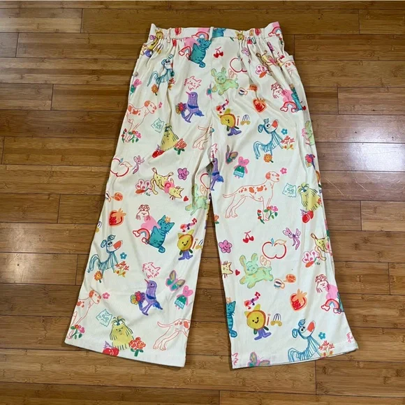 Cider Cream Wide-Leg Pants with Multicolor Fun Pet and Fruit Print - Picture 15 of 15